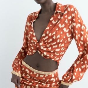 NWT Zara Linen Blend Terracotta Printed Top